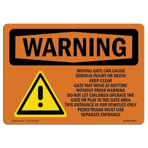 Safety Sign, OSHA WARNING, 7" Height, Aluminum, Moving Gate Can Cause Serious Injury, Landscape